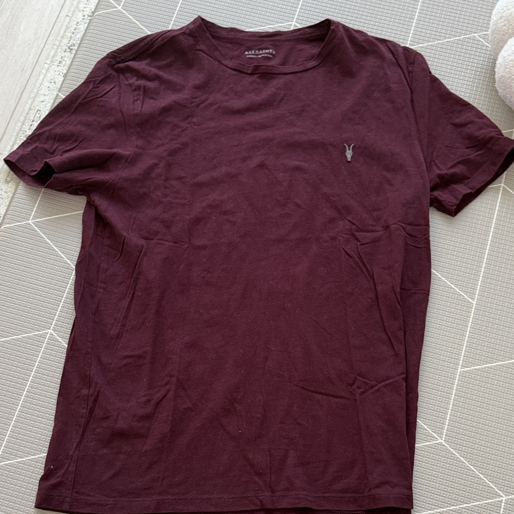 All Saints Men's Burgundy Short Sleeve Tee